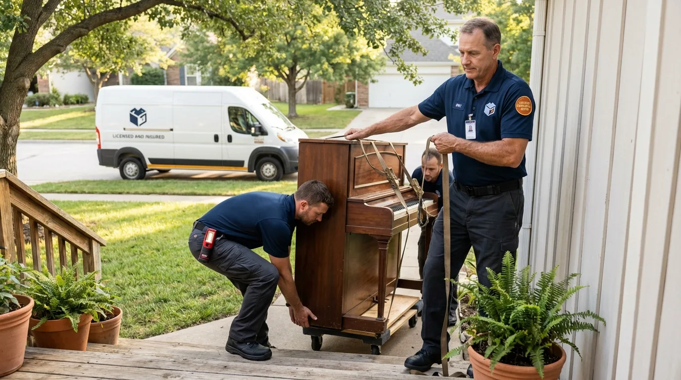 Licensed piano movers securing grand piano in Cayce, SC