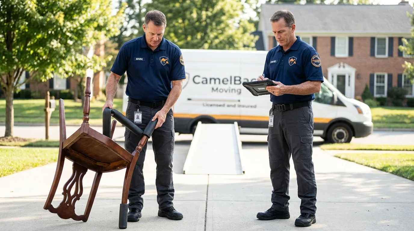 Movers inspecting furniture for damage prevention before loading in Cayce, SC