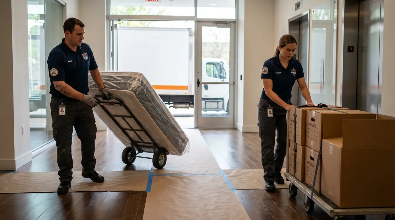 Professional apartment movers loading elevator in Cayce, SC